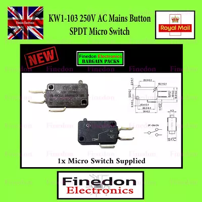 KW1-103 Micro Switch Normally Closed Button Stroke Switch SPDT 250V AC • £4.04