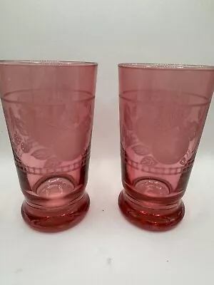 Vintage Cranberry Glass Etched Floral Design MCM Set Of 6 • $42