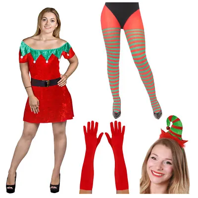 £14.99 • Buy Adults Velour Elf Costume Hat Tights Gloves Xmas Christmas Santa Fancy Dress
