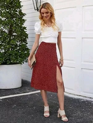 £2 • Buy SHEIN, Polka Dot Split Hem Skirt, Burgundy, Size S