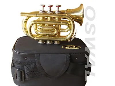 SALE MINI POCKET TRUMPET BRASS Golden LOOK 3 Valve Bb + FREE CASE +FAST SHIPPING • $119.41