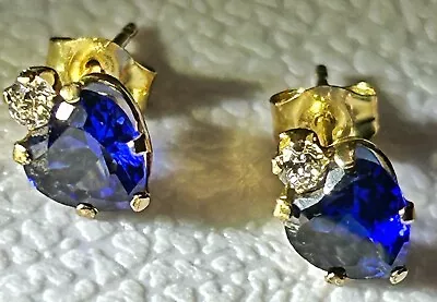 10K Solid Yellow Gold 5mm Heart Blue Lab Sapphire & CZ Stud Earrings .57 Grams • $79.99