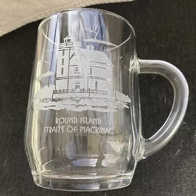 Clear Etched Glass Coffee Tea Cup Mug Mackinac Round Island Michigan Souvenir • $12.75