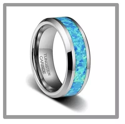 8mm Men's Or Women Tungsten Carbide Blue Opal Inlay Engagement Band Ring  • $22.46