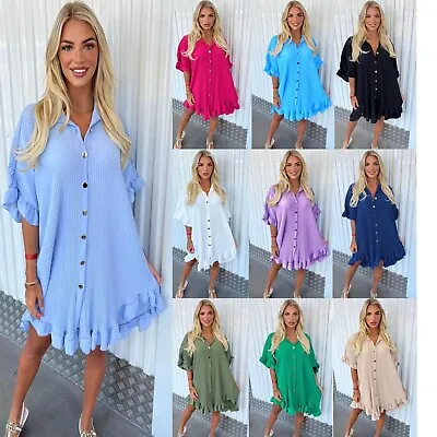 £12.99 • Buy Ladies Womens Tiktok Viral Pleated Frill Summer Shirt Swing Smock Mini Dress Top