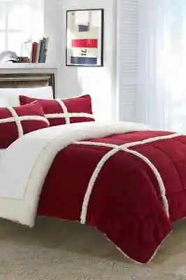 $182 CHIC HOME Bedding Comforter Set Camille Box Queen Sherling Lined Red Set • $95.55
