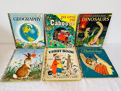 (6) VNTG 1950's LITTLE GOLDEN BOOKS HC G-VG Dinosaurs/Geography/Thumbelina MORE • $5.75