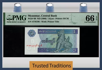 Tt Pk 69 Nd (1996) Myanmar Central Bank 1 Kyat Pmg 66 Gem Uncirculated • $12.99