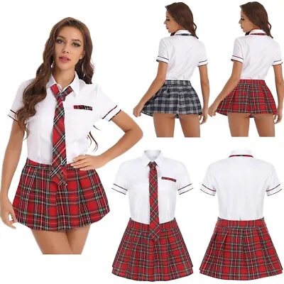 Women Schoolgirl Set Japanese Anime Role Play Uniform Shirt Plaid Skirt And Tie • £5.51