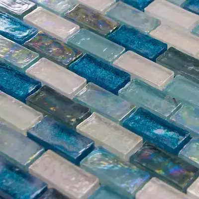 Luxury Textured Aqua Blue & Pearl Iridescent Glass Mosaic Wall Tiles Sheet 8mm • £8.49