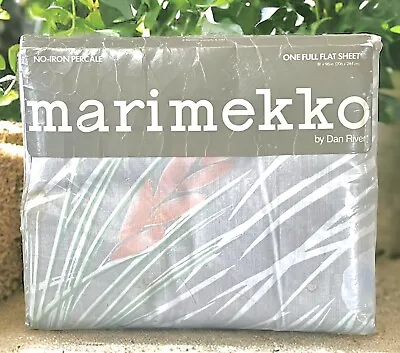Marimekko FULL FLAT SHEET Grey/Blue Poppy TUULI -1986 NIP Vintage *READ* • $19