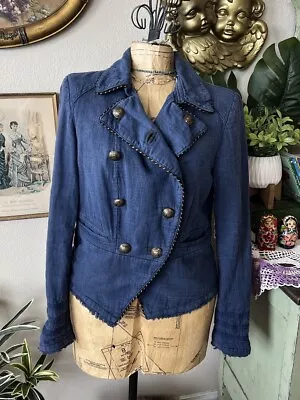 Free People Blue Night Sky Military Cadet Sailor Coat Blazer Sz M Linen Blend • £36.64