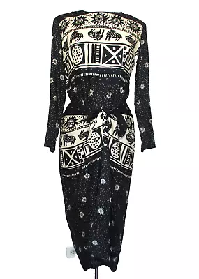 Vintage Rabbit Designs Midi Dress S/M Women Black Beige Tribal Print Apron Skirt • £33.72