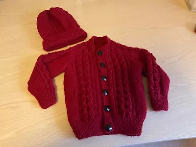 New Hand Knitted Boys Dark Red/wine Aran Cardigan  22 Inch Chest Approx Age 1-2 • £9.50