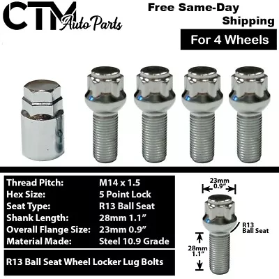 4x Chrome 14x1.5 Ball Seat Wheel Lock Bolt 28mm Shank Fit Volkswagen Stock Wheel • $20.99