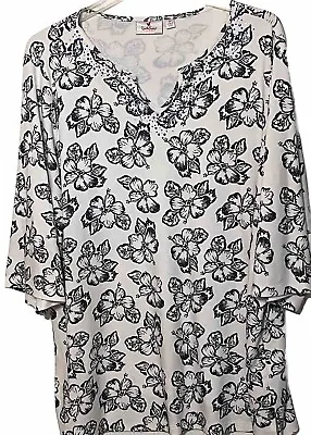 Quacker Factory Top Women 3X Blue White Floral Embellished 3/4 Length Sleeves • $17.50
