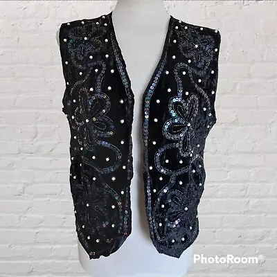 Vintage NEW LOOK. Waistcoat. Black Velvet. Sequins. Beads. Floral. Boho. 90s.  • £21