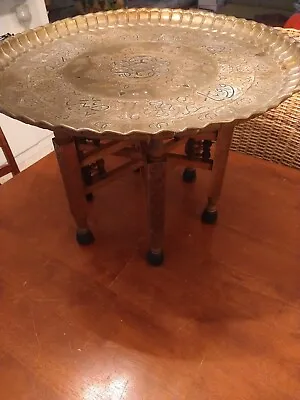 Antique Etched Brass Tray Table With Wood Base Middle Eastern • $179