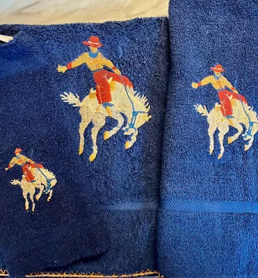 Vtg Cannon Royal Family Rodeo Cowboy Bucking Horse 3pc Towel Set Western USA EXC • $34