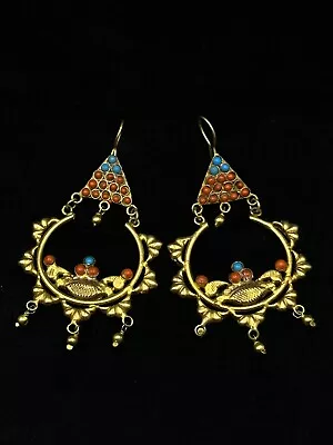 Vintage Turkmen Afghan Traditional Brass Gold Plated Boho Earring With Stones • $80