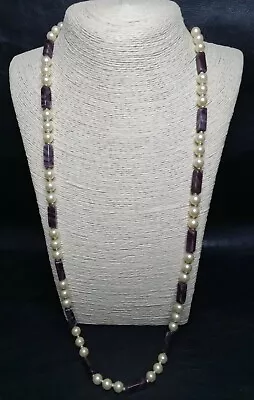 Vintage Signed NAPIER Purple Natural Stones Beads And Faux Pearl Necklace. 9259 • $24.99