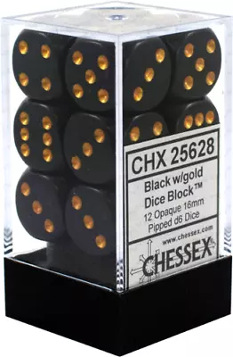 Chessex Opaque Black With Gold 12 Dice Set - 6 Sided - 16mm D6 Dice Block • $3.99