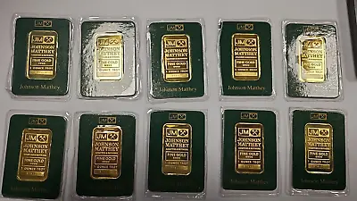 (10X) - Vintage Johnson Matthey 1 Oz Fine Gold Minted Bar 9999 Green Assay Card • $29594.57