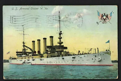 Navy Postcard; US Cruiser  WEST VIRGINIA  1907 Fitchburg MA To Rutland VT  • $5.27