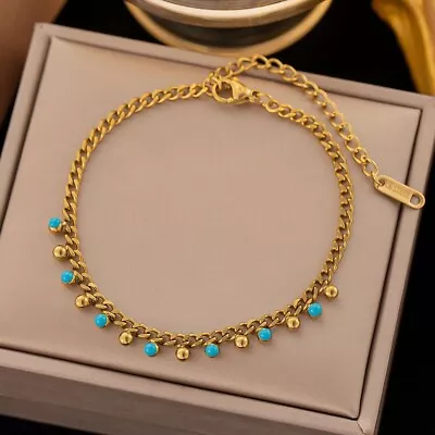 Woman 18K Gold Plated Stainless Steel Beaded Enamel 3mm Bangle Bracelet 7.9'' • $10.50