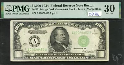 1934  $ 1000 THOUSAND DOLLAR  Federal Reserve**PMG30**BOSTON G0286 • $3965