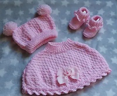 Hand Knitted Baby Girl Pink Poncho And Pom Pom Hat/booties Set Set 0-3 Months • £19.99