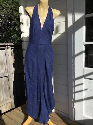 VIKTORIA & WOODS 0 6 Navy Blue Linen Stripe V Neck Slim Backless Designer Dress • $109.90