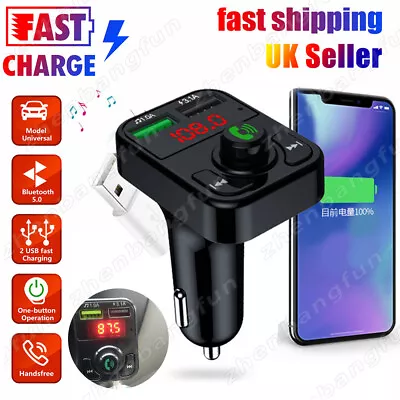 Bluetooth 5.0 Wireless Handsfree Car FM Transmitter MP3 Player 2 USB Charger Kit • £5.99