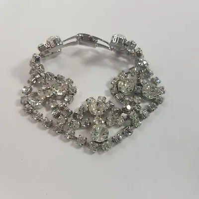 Vintage Art Deco Sparkling Icey Clear Rhinestone Bracelet Silver Tone Pront Set • $24.99