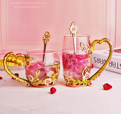 Enamel Female Tea Cup Household Flower Crystal Coffee Mug Glass Water Cup Spoon • $40.41