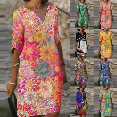 Womens Short Sleeve Floral Midi Dress Ladies Casual V Neck Loose Kaftan Sundress • $25.99