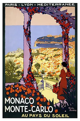 Monaco Monte Carlo Vintage French Travel Poster Canvas Giclee 24x36 In. • $57.72