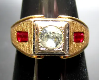 10K Gold Filled Designer Signed Red & Ice Vintage Men's Ring Size 9 • $49.99