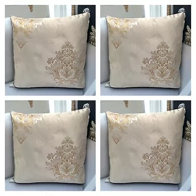 Set Of 4 - Beige Embossed Embroidery Cream Golden Damask Cushion Covers 18  45cm • £14.99