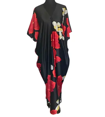 Natori Moo Moo Caftan Solid Black Red Roses Floral Pattern Maxi Dress Size XS • $46