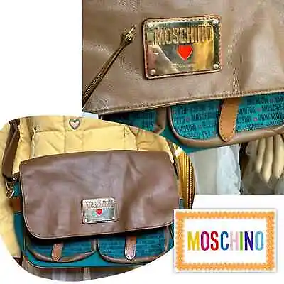 Vtg Moschino Stationary Green And Brown Leather Messenger Bag • $50