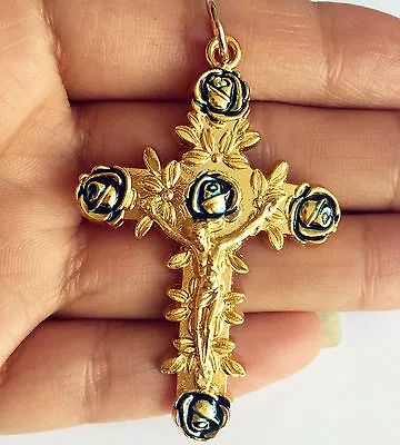 £5.78 • Buy LARGE GOLD Bule Enamel 2  Cross Crucifix Catholic Rosary Parts Necklace Pendant