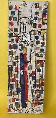 Vintage 1980s Signed Modernist Urban Abstract Building Painting On Canvas 24 X8  • $12.99