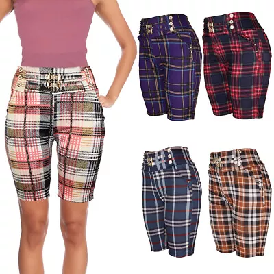 Women's Plaid Bermuda Shorts 4 Pocket Pull On Summer Shorts W/Rhine Stone Trim • $13.99