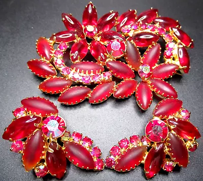 Gorgeous HUGE Red Rhinestone Frosted Glass Cabochon Vintage Pin Earring Set • $99.99