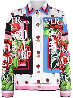 NEW Versace Jeans Couture Rose Print Spread Collar Denim Jacket White Sz 38 US 2 • $279.99