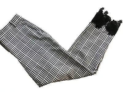 WOMENS TROUSERS RIVER ISLAND UK 8 Dogtooth Checked Lace Hems Black Cream  • £13.95