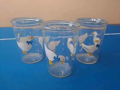 BAMA Jelly Jar White Ducks Geese Blue Bows Juice Glasses Vintage 4  Tall • $10