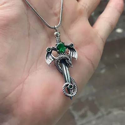 Men Dragon Necklace  Silver Warrior Necklace With Emerald Stone Dragon Necklace • $59