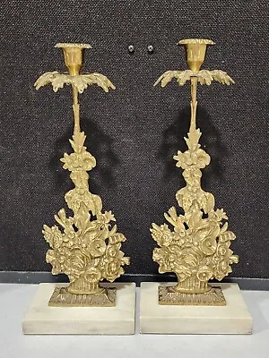 PAIR- Vintage Victorian Candelabra Ornate Brass Floral Bouquet Marble Bases • $131.24